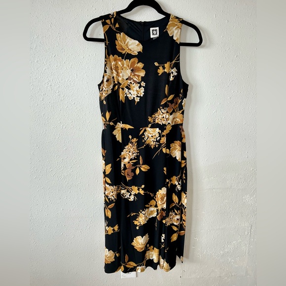 NWT Anne Klein black/mustard yellow floral tie waist sleeveless midi dress sz 6 - Picture 3 of 10